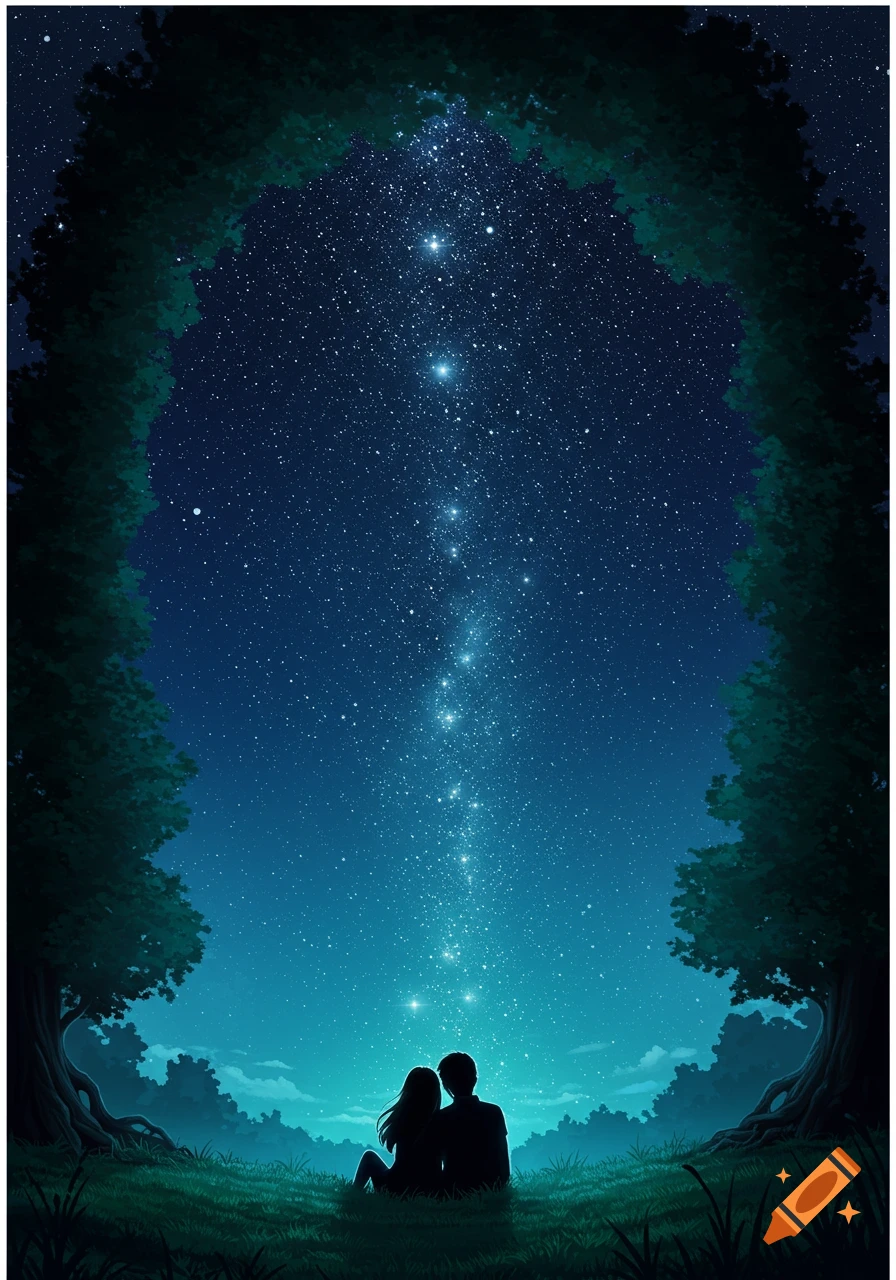 A silhouetted couple sits on a grassy hill, gazing up at a brilliant starry night sky framed by dark trees.