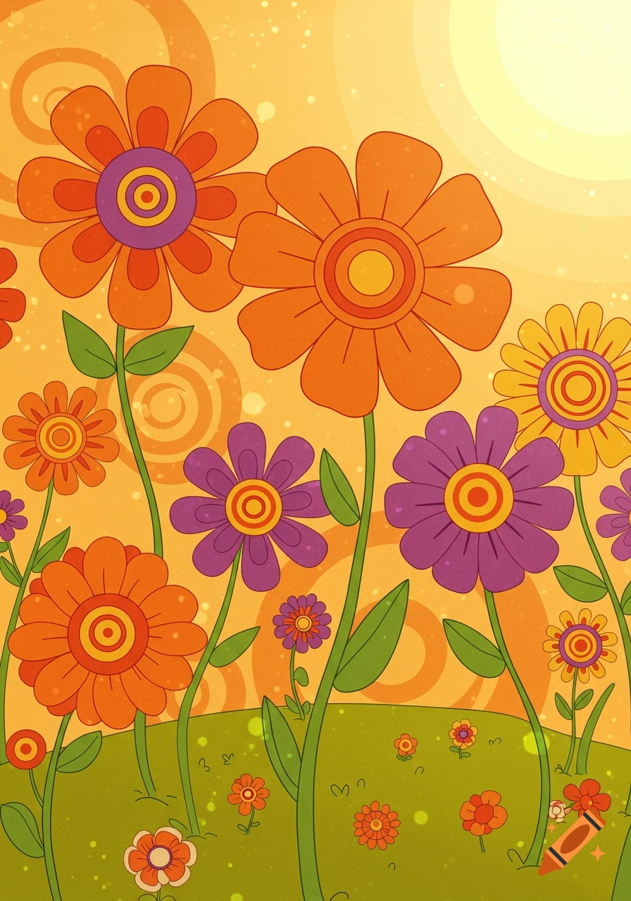 Brightly colored groovy cartoon flowers with green stems in a field under a yellow sky, in a 1970s retro style.