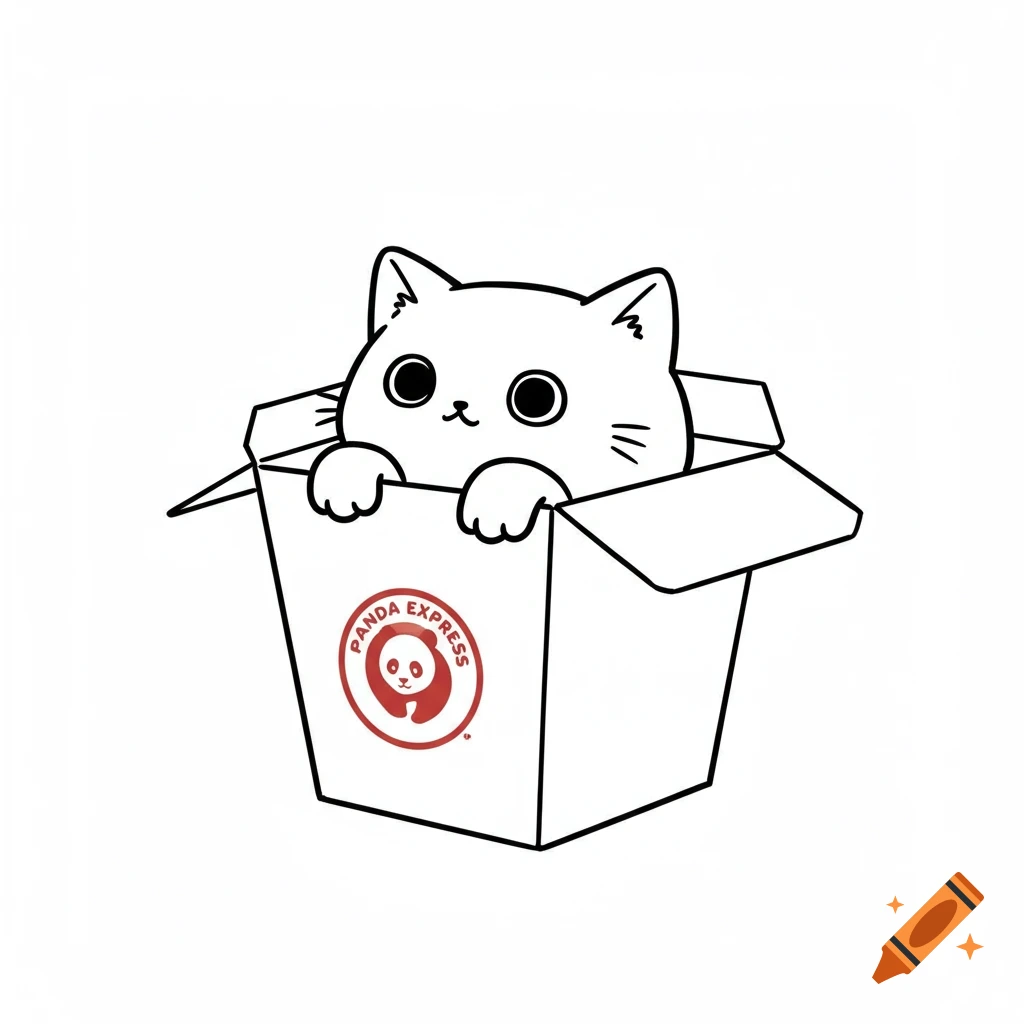 A simple line art drawing of a cute white cartoon cat peeking out of a Panda Express takeout box.