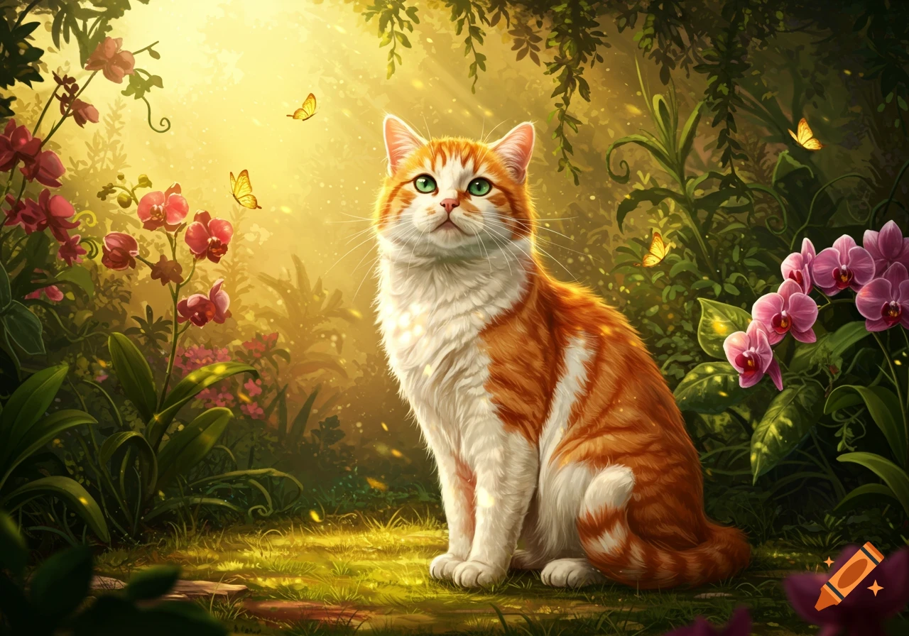 An illustrative orange and white cat with green eyes sits amidst sunny forest foliage with pink orchids and yellow butterflies.