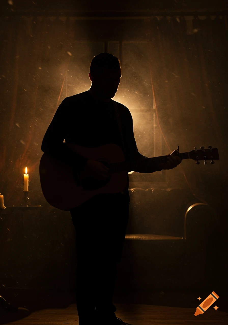 A silhouetted person plays an acoustic guitar in a dark, dust-filled room, illuminated by a window and candles.