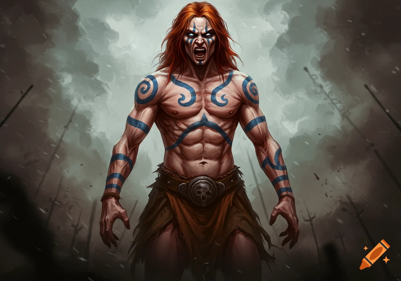 Muscular, red-haired barbarian warrior with blue body paint and aggressive expression in a dark, stormy battlefield, digital art.