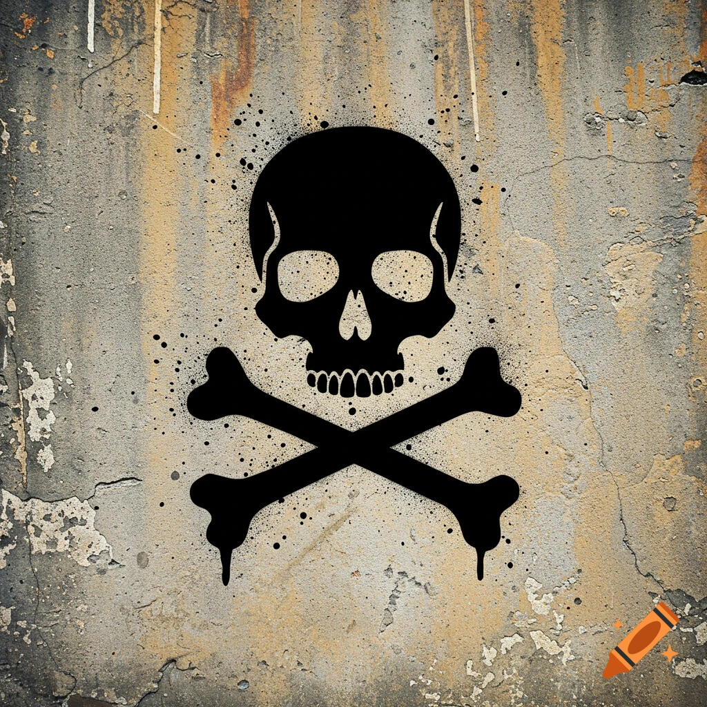 A black skull and crossbones stencil, with spray paint drips and splatters, on a grunge, weathered concrete wall.