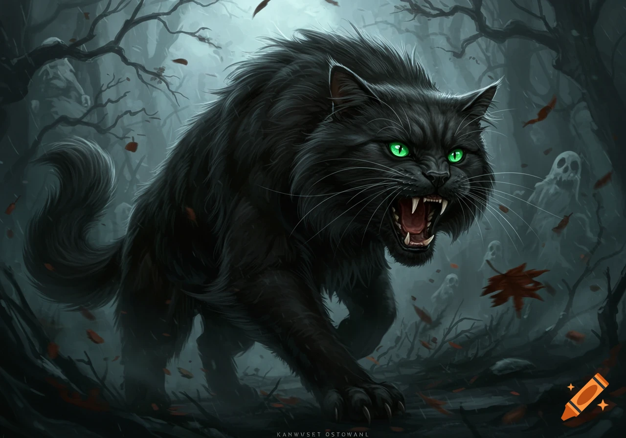 A fierce black long-haired cat with glowing green eyes and bared fangs stalks through a misty, dark forest with ghostly figures, in a digital art style.