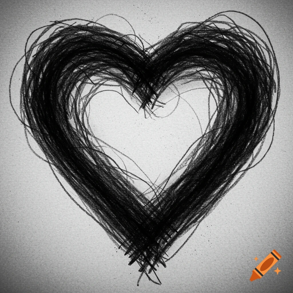 A messy black and white sketch of a heart on a textured paper background.