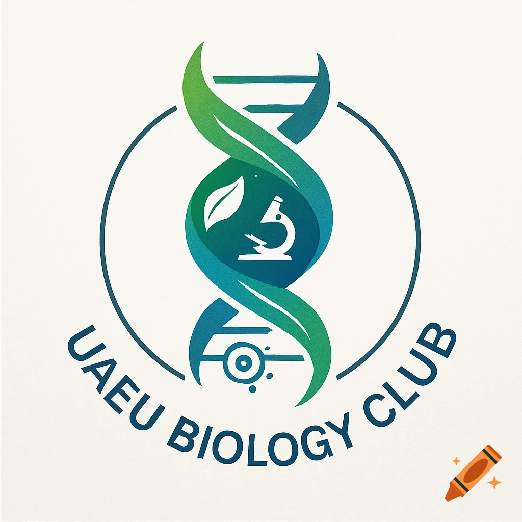 Logo for UAEU Biology Club featuring a green and blue DNA helix, a leaf, and a microscope within a circular frame.