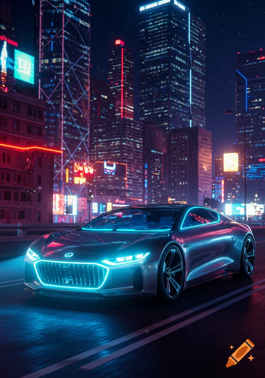 Sleek futuristic car with glowing neon blue accents driving on a wet city street at night, surrounded by towering skyscrapers illuminated with colorful neon lights.