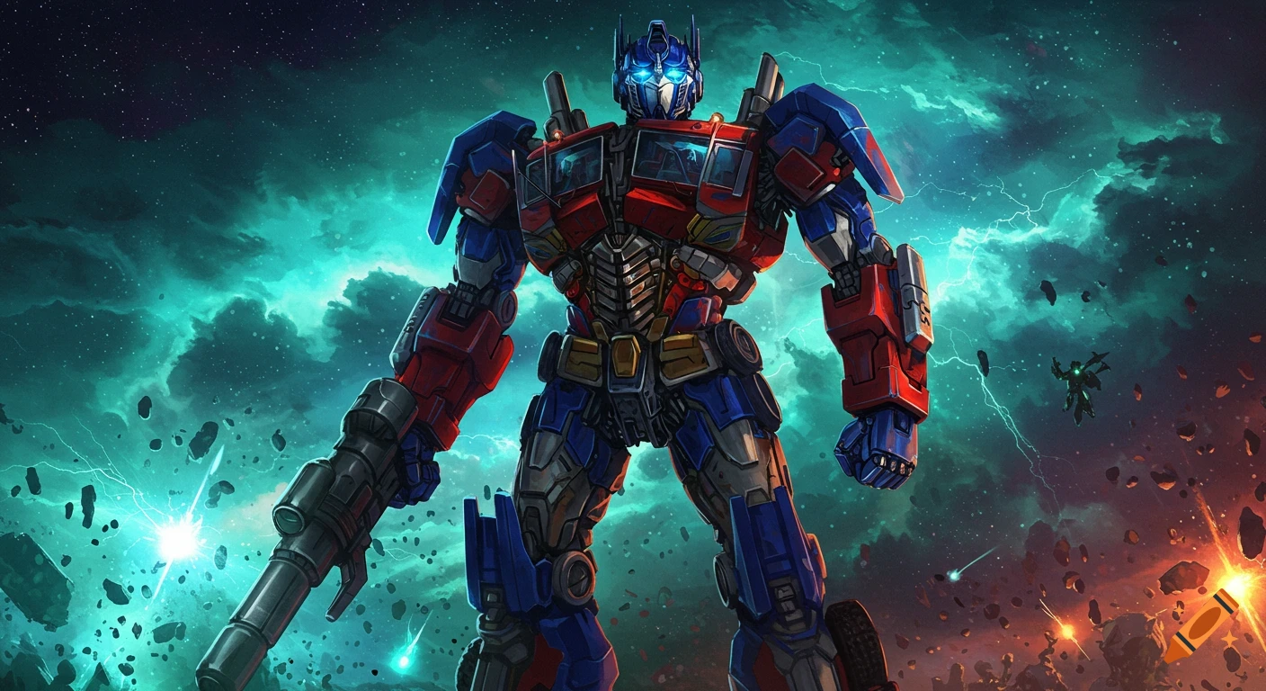Optimus Prime, a red and blue robot, wielding a gun in an epic space battle with teal nebulas and flying debris, anime style.