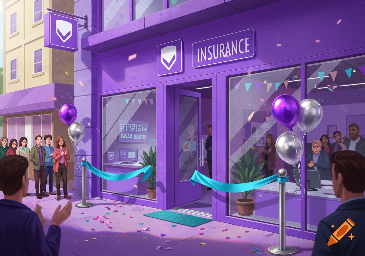 Vibrant illustration of a purple insurance shop grand opening with people, balloons, and a blue ribbon.