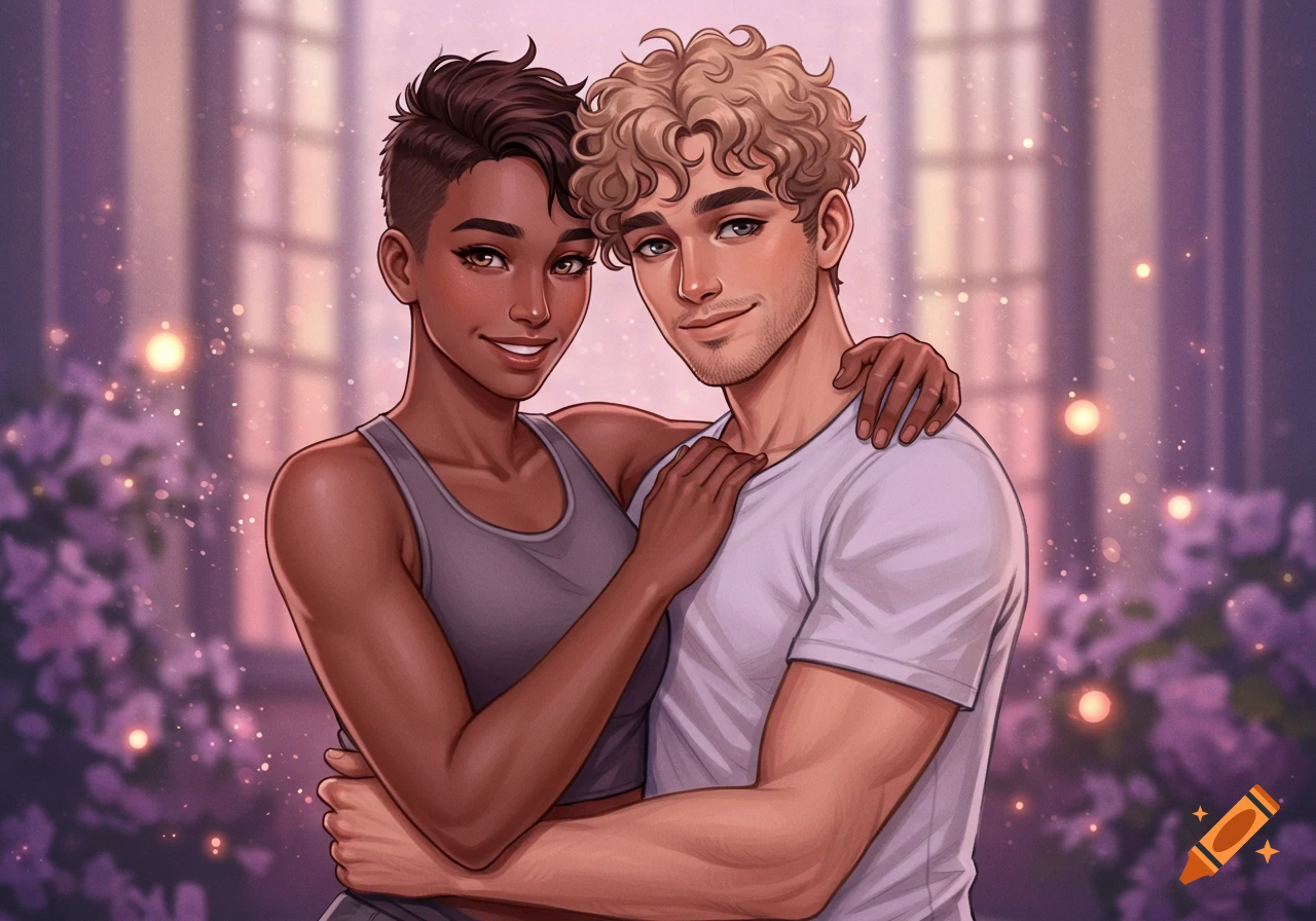 Digital illustration of a diverse couple embracing and smiling warmly against a soft, sparkling background.
