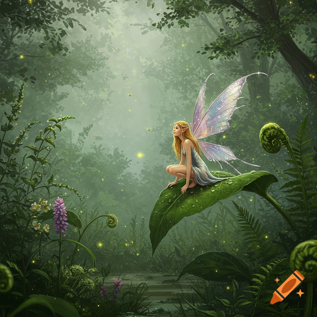 A long-haired fairy with shimmering wings squats on a large green leaf in a misty, magical forest with glowing fireflies.