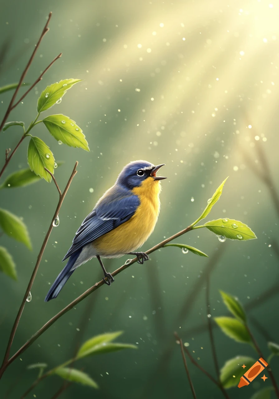 A vibrant blue and yellow bird with its mouth open, perched on a dew-kissed branch amidst sunlit foliage.