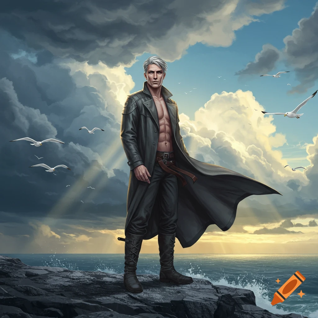 A silver-haired man in an open dark trench coat stands on a rocky cliff overlooking a stormy ocean with seagulls, digital art illustration.