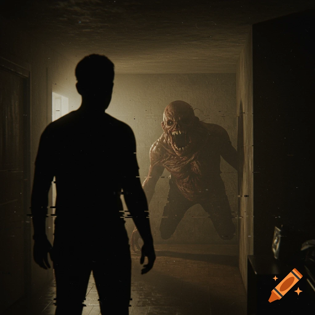 Silhouette of a person facing a grotesque monster in a dimly lit, grainy horror scene.