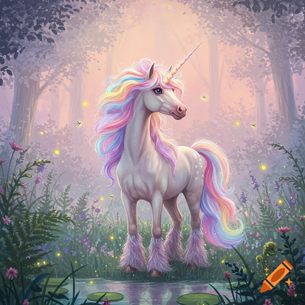 A majestic unicorn with a rainbow mane and tail stands in a mystical, glowing forest with lush plants and a shallow stream.
