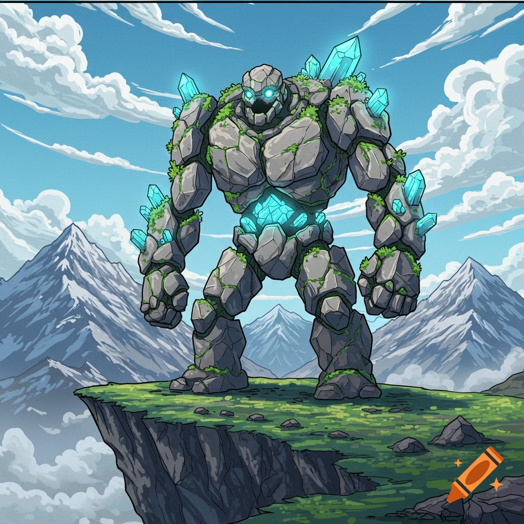 A giant stone golem with glowing blue crystals and moss stands on a cliff overlooking mountains under a blue sky, in a comic book style.