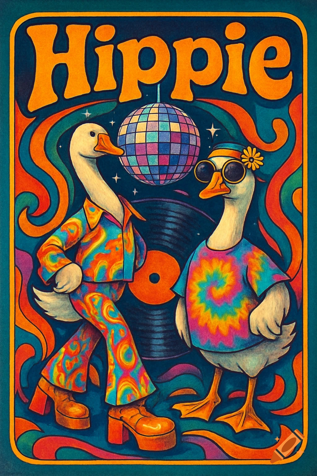Two cartoon geese in 1970s hippie outfits, one in bell bottoms, another with sunglasses and tie-dye, under a disco ball with 'Hippie' text.