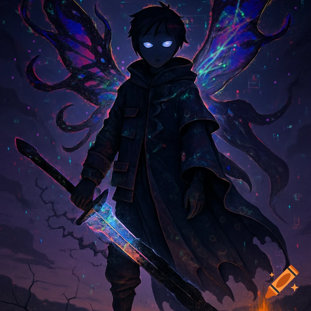 A dark anime-style character with glowing eyes, glitching wings, and a prismatic sword stands at twilight near a campfire, with a fractured battlefield.