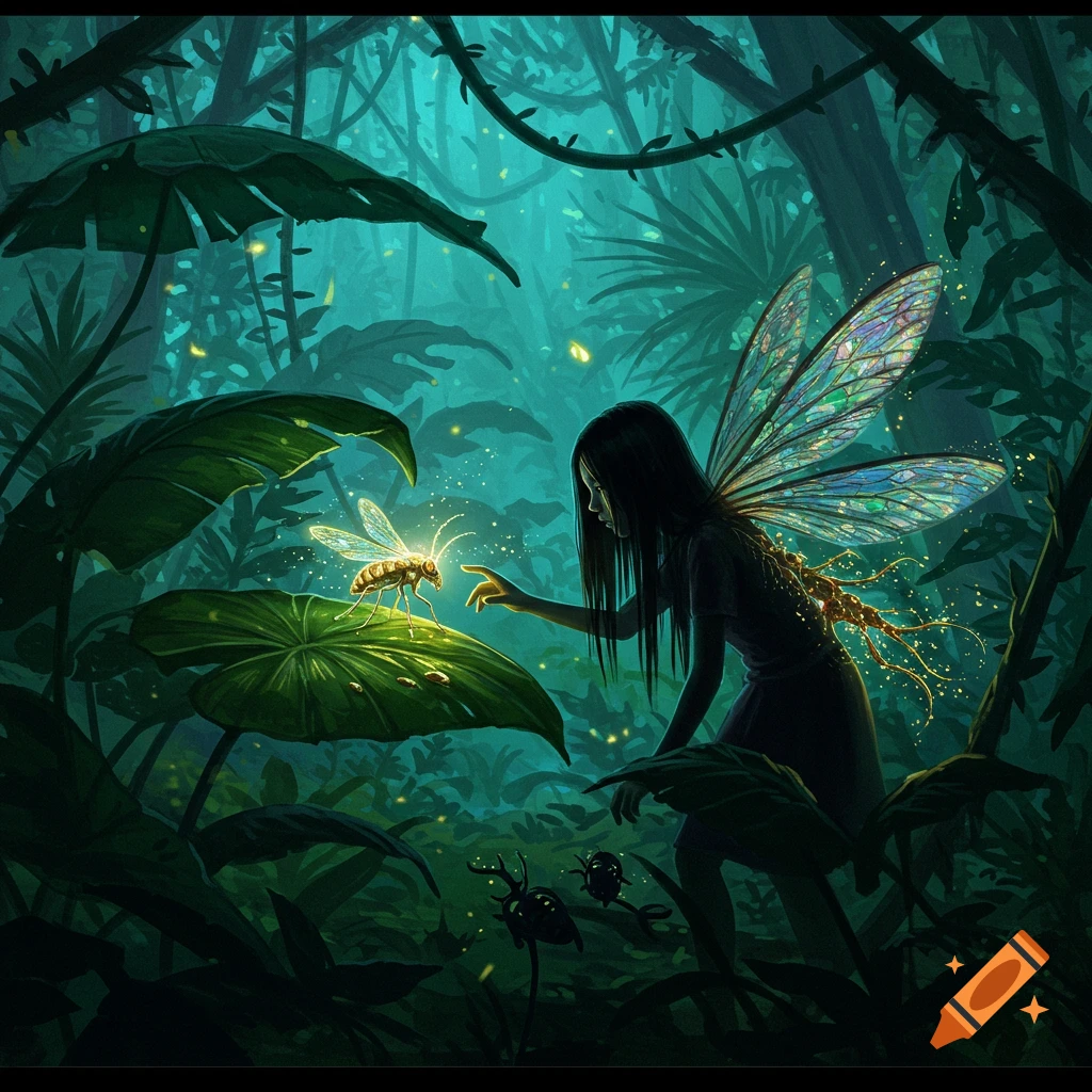 A dark-haired fairy-like girl in a lush, dark jungle reaches out to touch a glowing insect on a large leaf.
