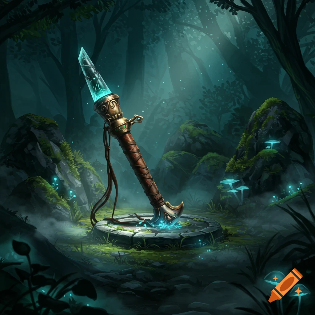 A glowing magical staff with a crystal blade stands upright on a stone pedestal in a dark, mystical forest.