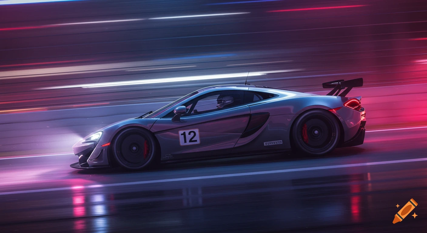 Silver McLaren GTR race car with number 12 speeding on a track at night, with neon lights and motion blur, photorealistic.