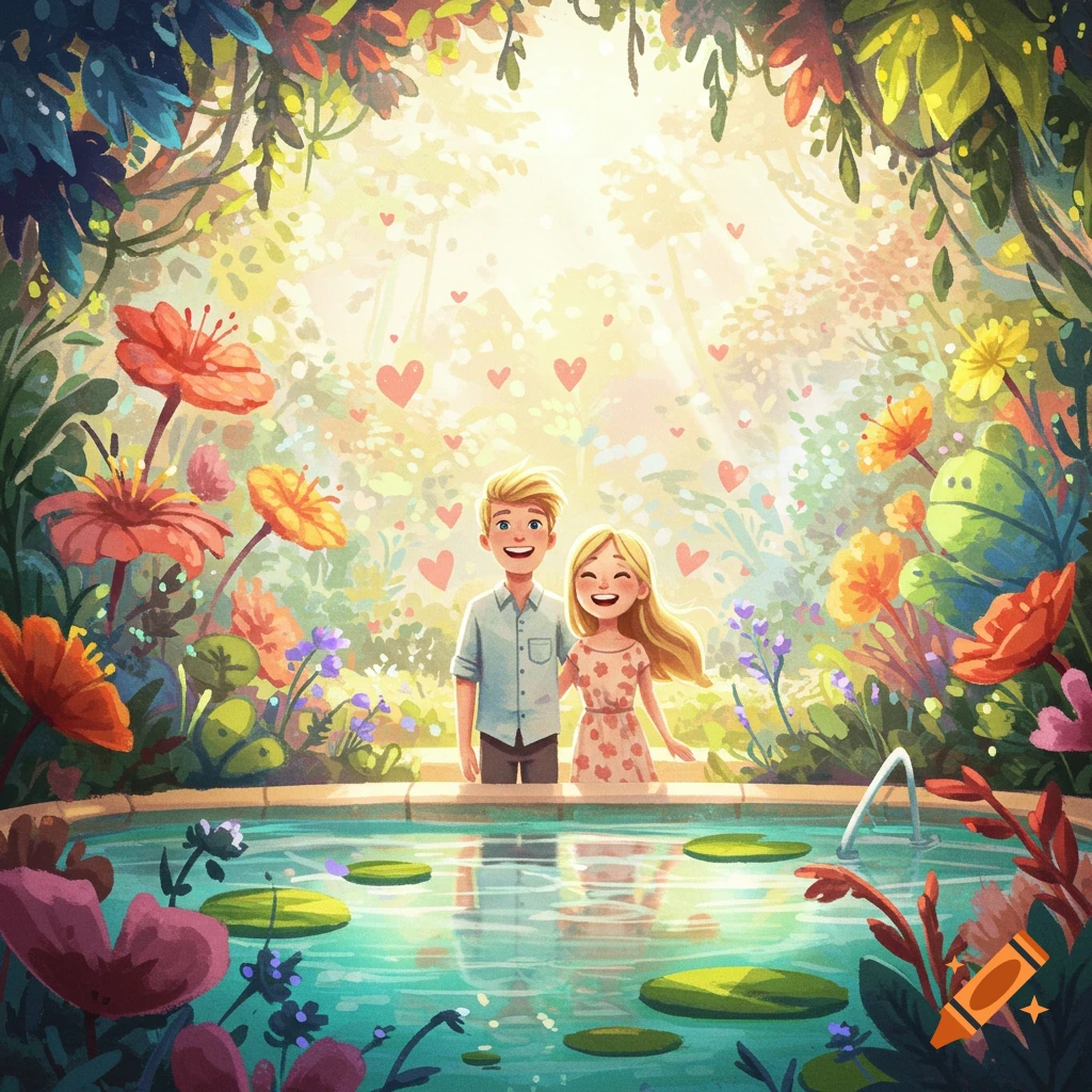 A smiling blonde couple in a magical garden with hearts, standing by a pool in Pixar style.