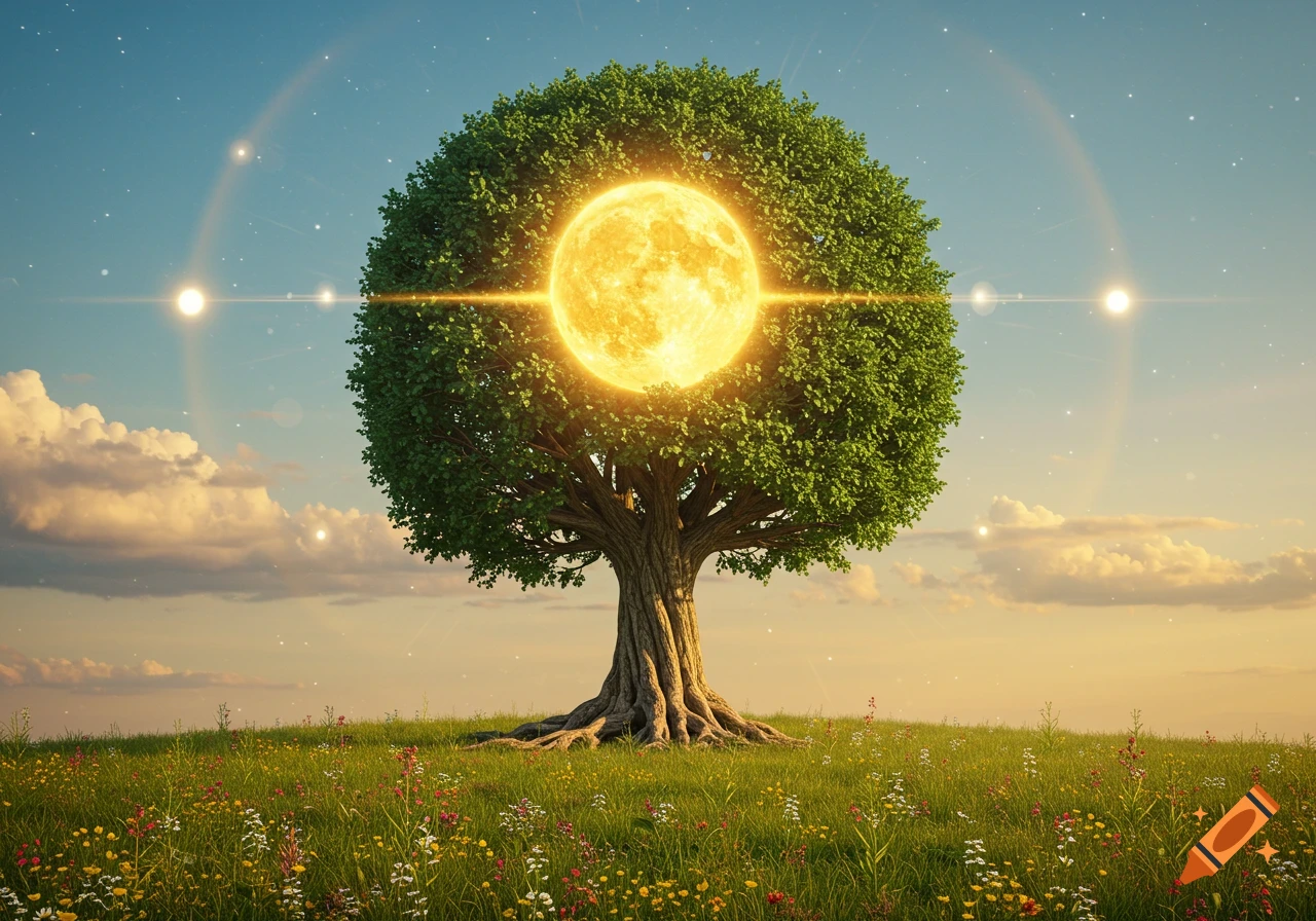 A vibrant green tree with a bright glowing sun in place of its leaves stands in a wildflower meadow under a starry sky.
