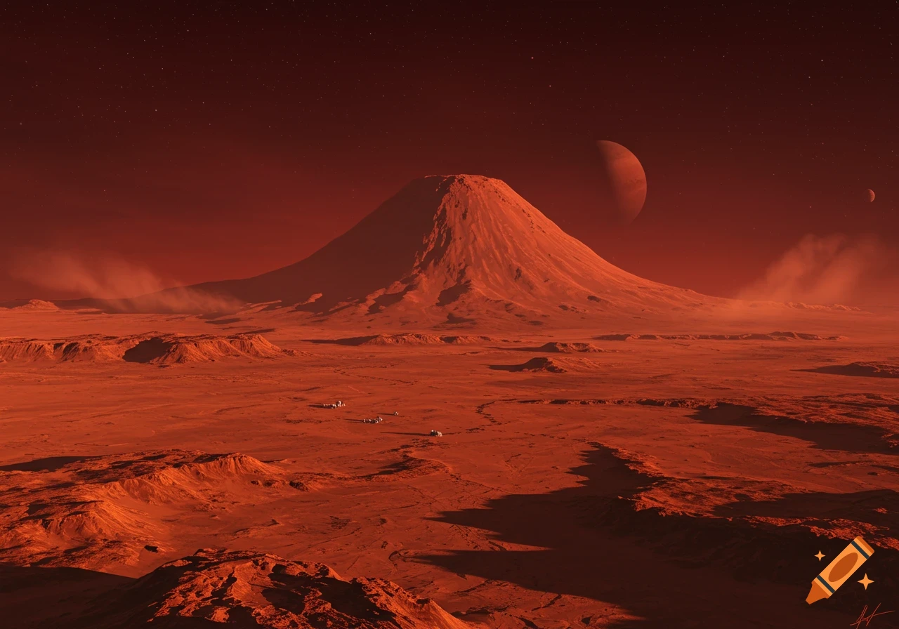 Vast red alien landscape with a towering mountain, two moons, and distant structures under a star-filled reddish sky. Photorealistic.