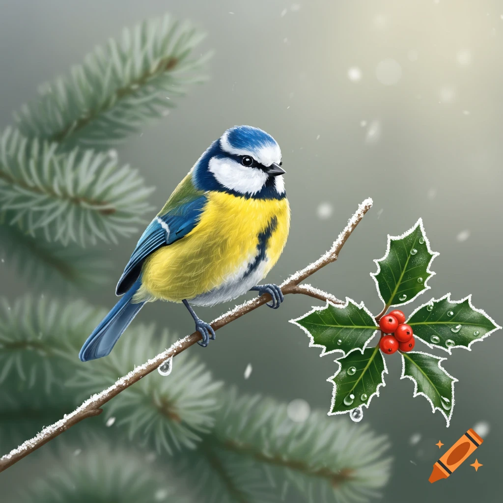 An illustration of a blue tit bird perched on a snowy branch with holly leaves and red berries.