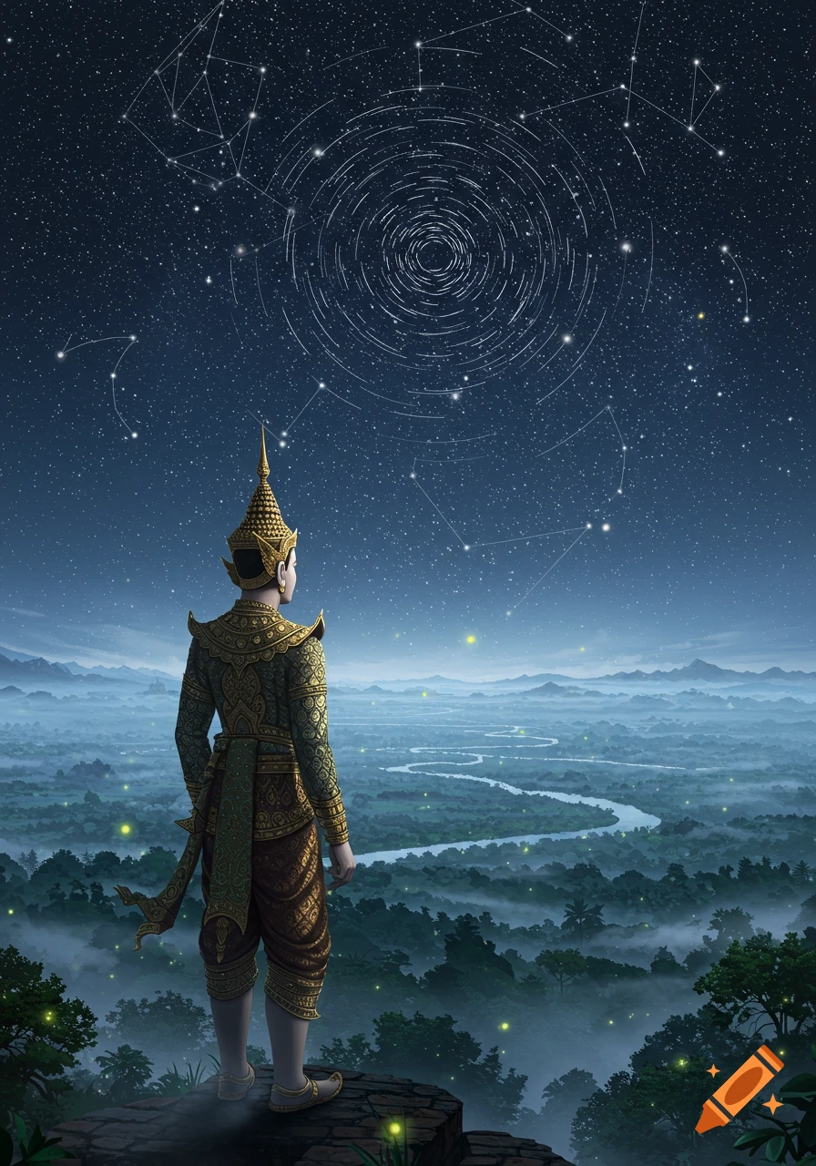 A person in traditional golden attire stands on a cliff, looking up at a starry night sky with constellations and star trails over a misty forest and river.