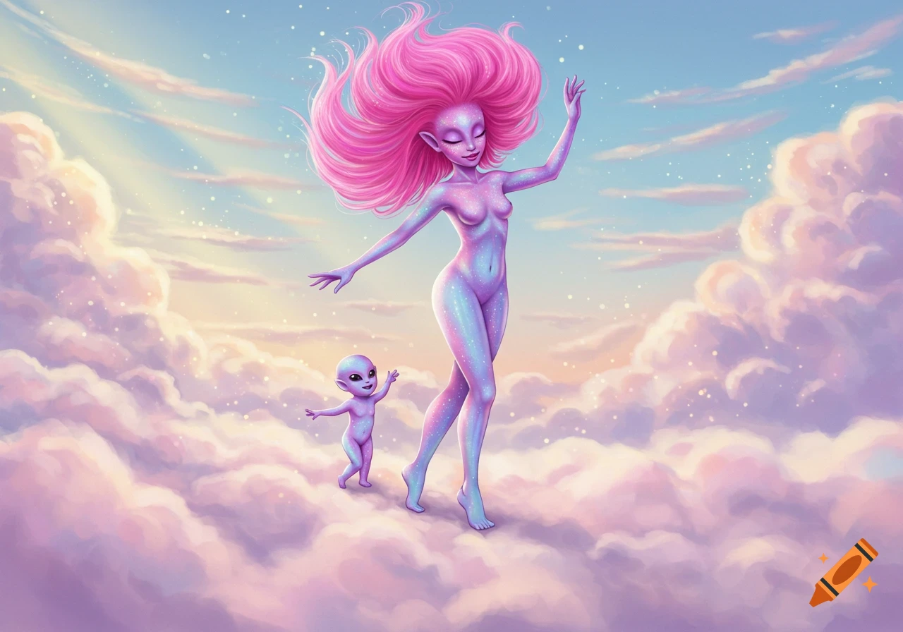 Whimsical illustration of a pink-haired alien mother and baby, with glittery bodies, dancing on fluffy pink and purple clouds.