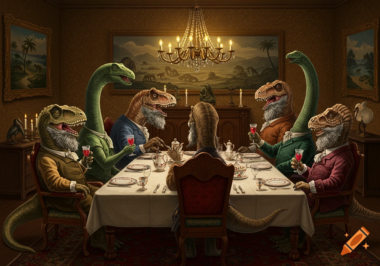 Old bearded dinosaurs in formal attire gather around a large table in an ornate dining room, drinking wine.