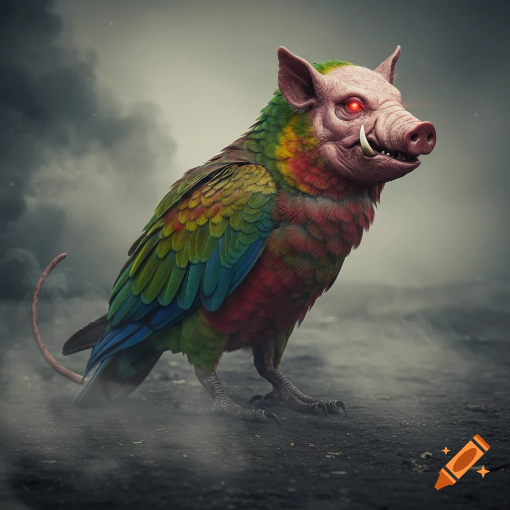 A fearsome monster with a pig's head, glowing red eyes, and tusks, on a colorful parrot body with a rat-like tail, standing in a foggy environment.