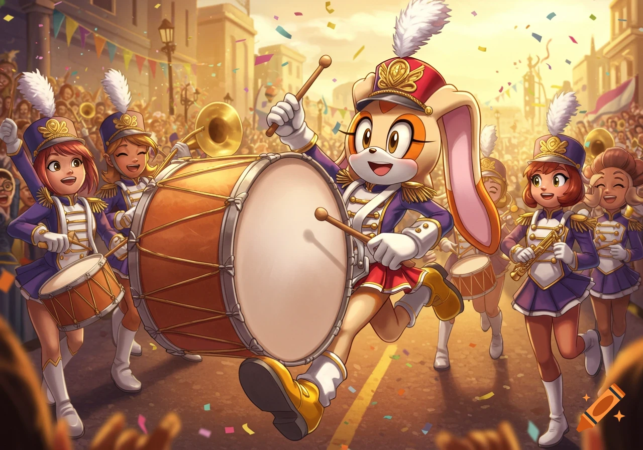 Cream the Rabbit playing a bass drum and leading an all-girls anime marching band in a confetti-filled parade.