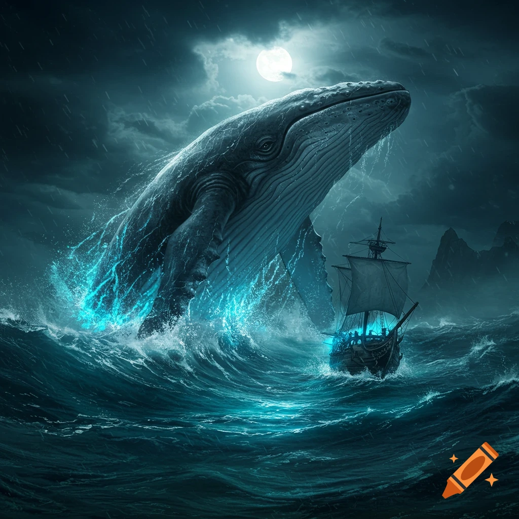 Massive glowing whale-like creature breaches from stormy ocean waves under a full moon, towering over a sailing ship at night.