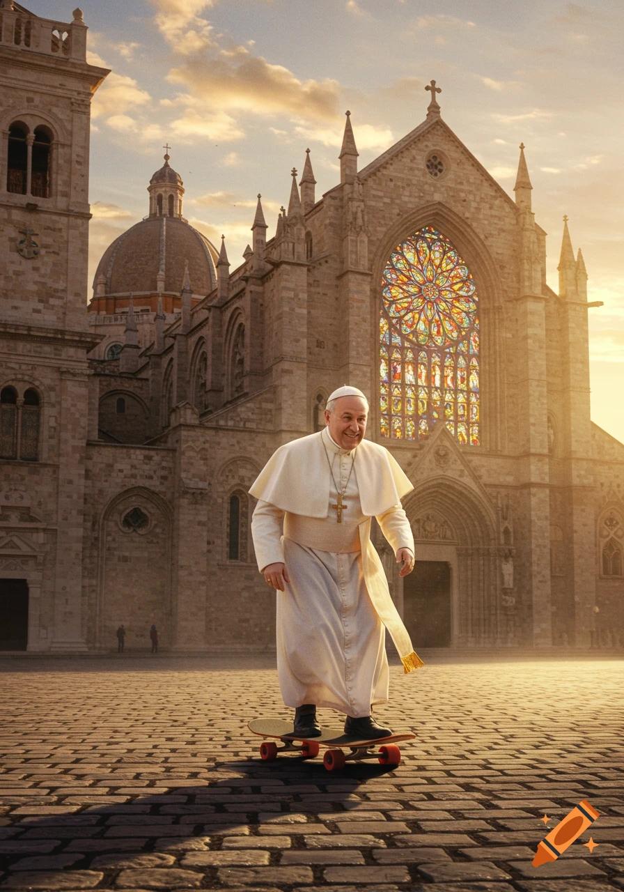 Pope Francis smiling on a skateboard in front of a grand cathedral at sunset.