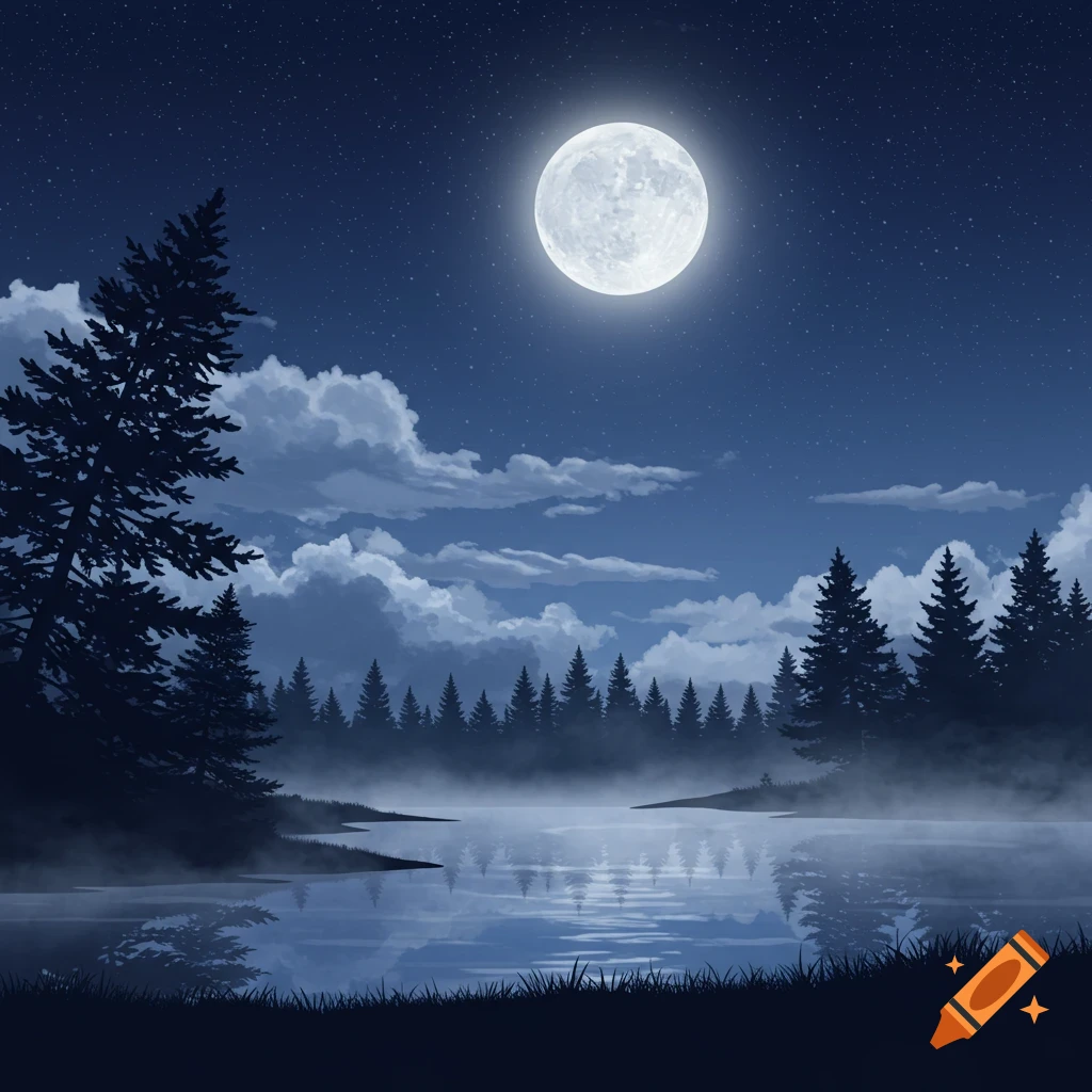A full moon shines brightly in a star-filled night sky over a misty lake with silhouetted pine trees on the distant shore.