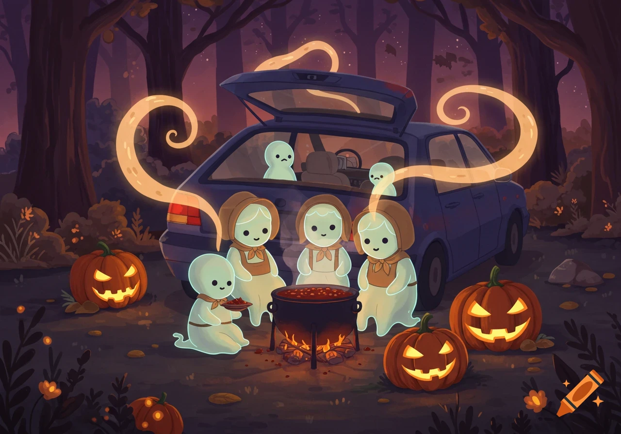 Cute cartoon pioneer ghosts eat chili from a cauldron in a spooky forest with jack-o'-lanterns and a car, Halloween themed.