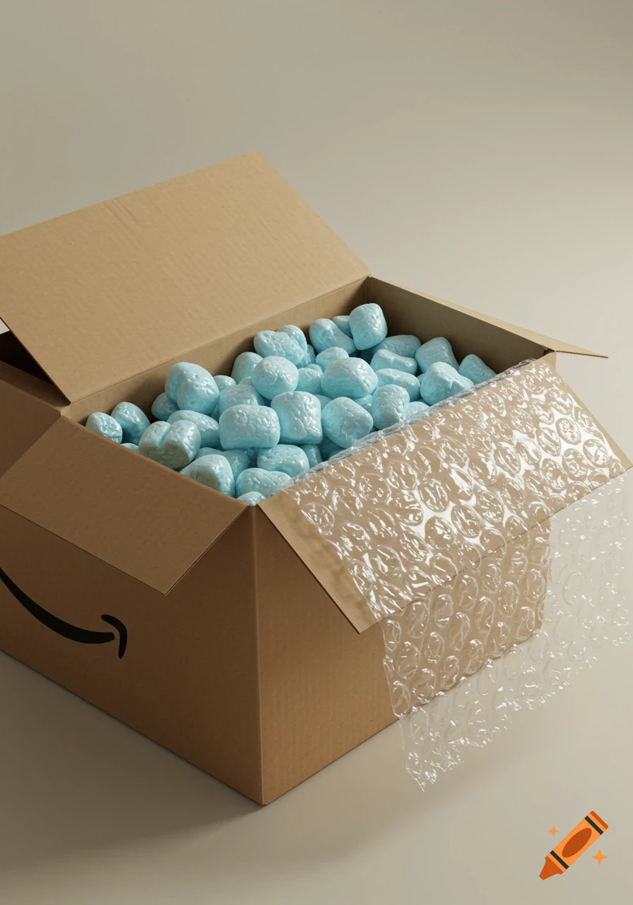 Open cardboard Amazon box filled with light blue packing peanuts and bubble wrap. Photorealistic.