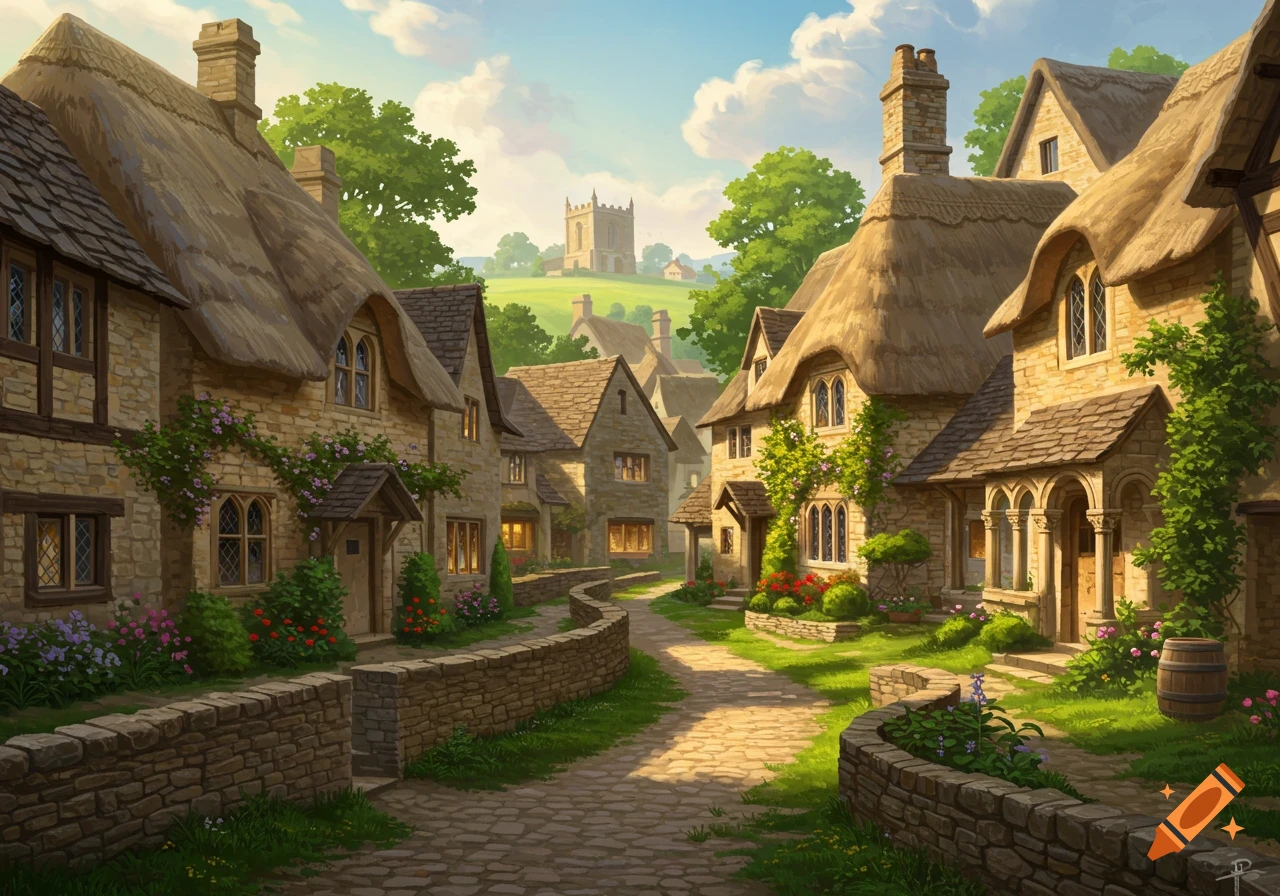 A picturesque village scene with stone cottages, thatched roofs, cobblestone pathways, and lush greenery under a sunny sky.