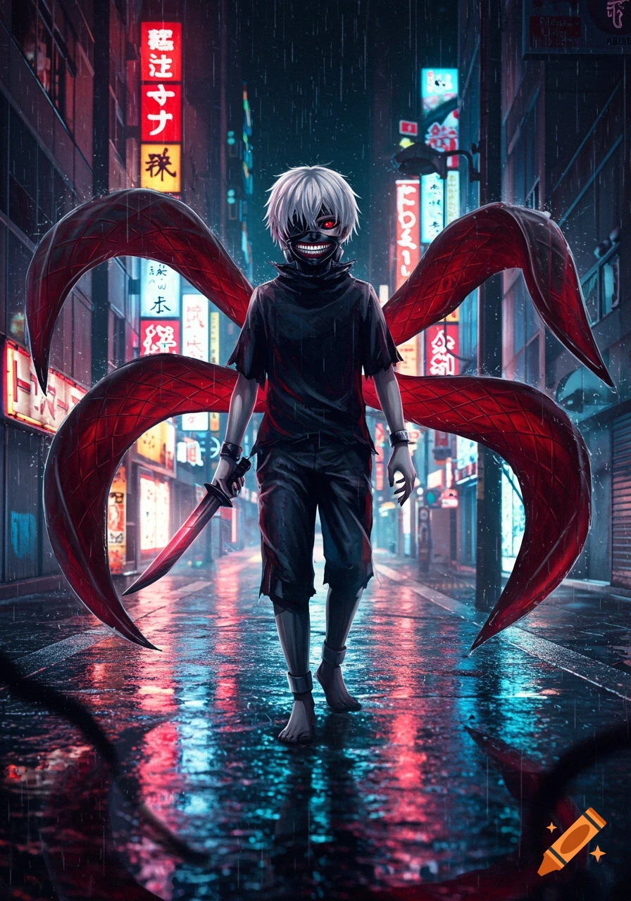 White-haired anime character, Kaneki Ken, with a jagged mask and red tentacles, walks on a rainy, neon-lit city street, holding a glowing red blade.
