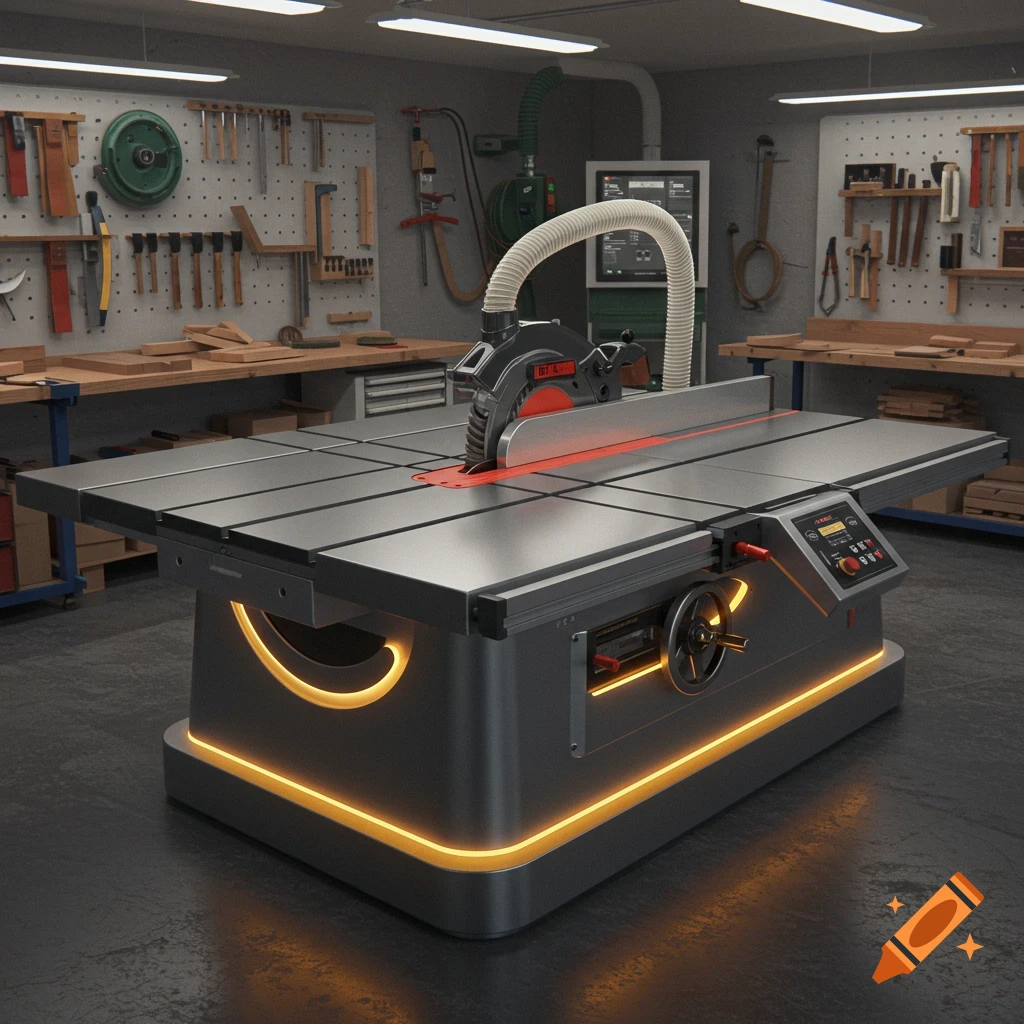 A modern, sleek table saw with glowing orange accents sits in a well-equipped workshop with tools on pegboards.