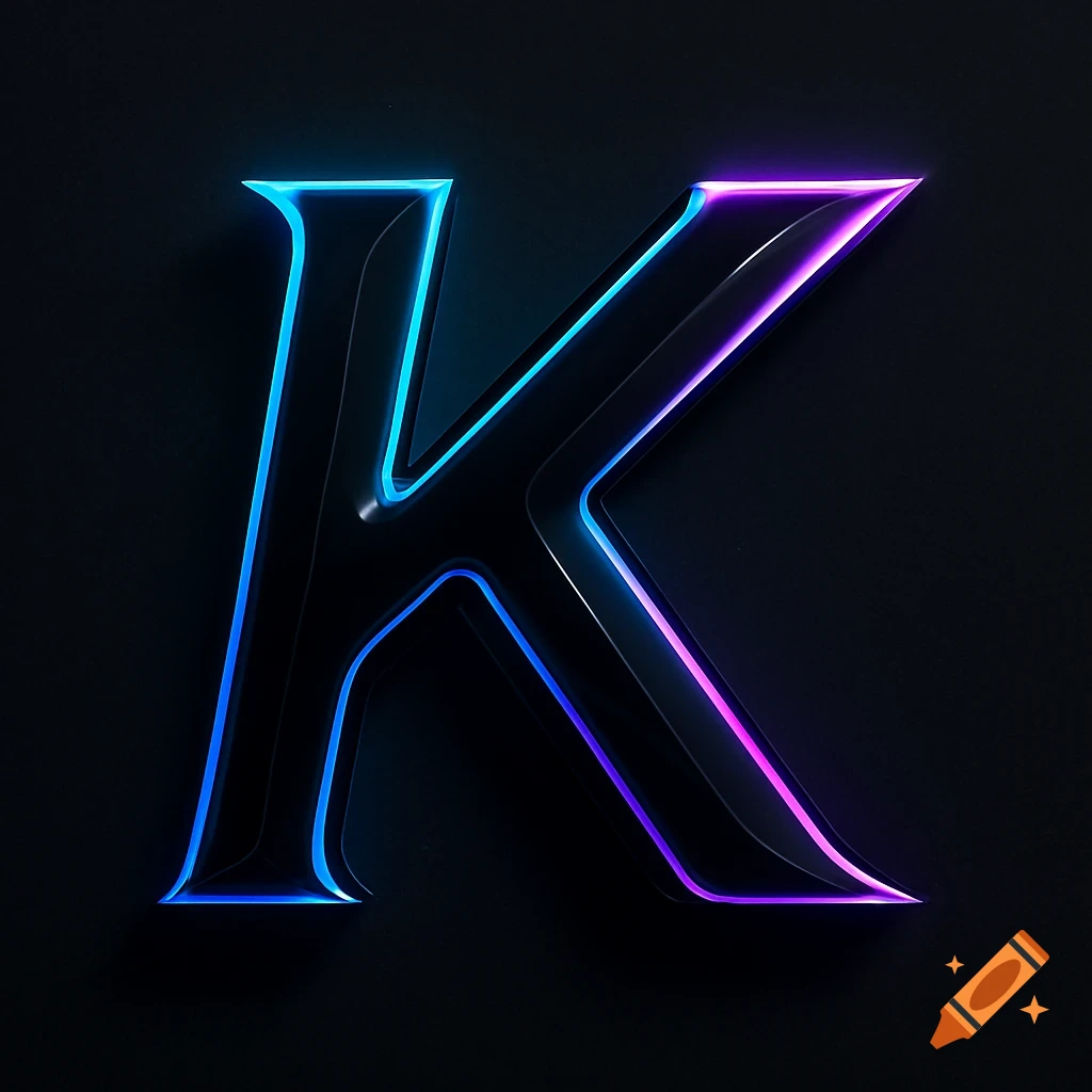 A stylized uppercase letter K with glowing neon blue and purple outlines against a dark background, in a 3D effect.