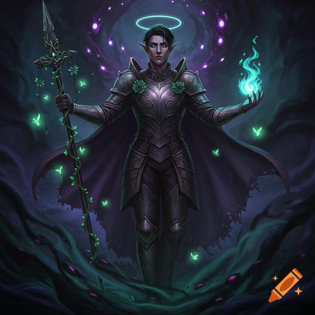 A male elf in dark armor stands with a glowing spear and blue flame, a halo above his head, in a dark, magical background.