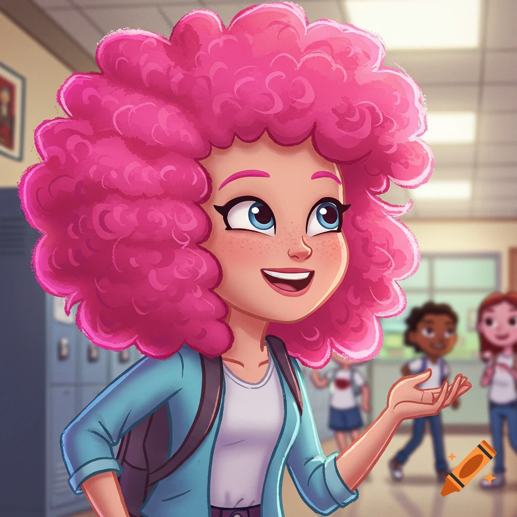A smiling cartoon girl with vibrant pink curly hair and a backpack stands in a school hallway, gesturing with her hand.