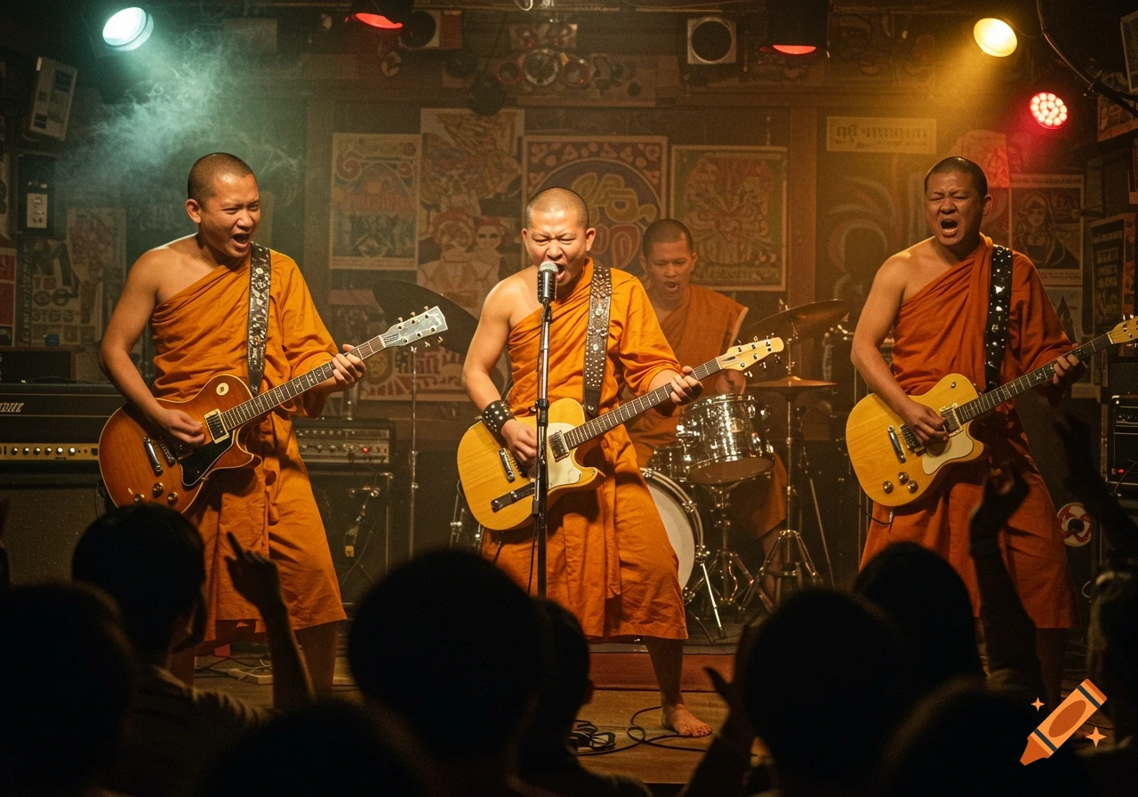 A group of Buddhist monks in orange robes enthusiastically playing electric guitars and drums on stage at a dimly lit heavy metal concert.