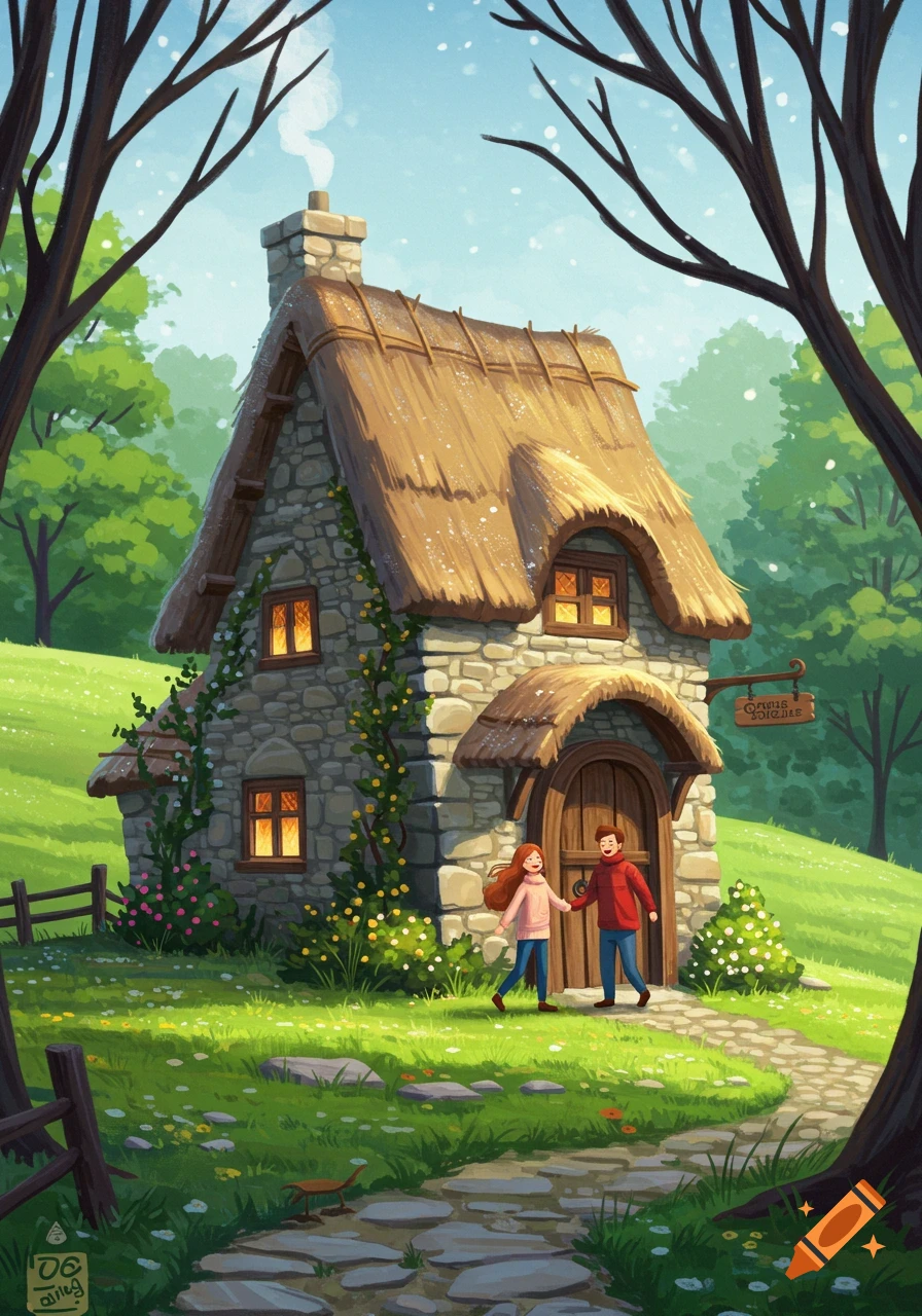 A whimsical stone cottage with a thatched roof, covered in vines, in a vibrant forest. A happy young couple holds hands by the door. Illustration.
