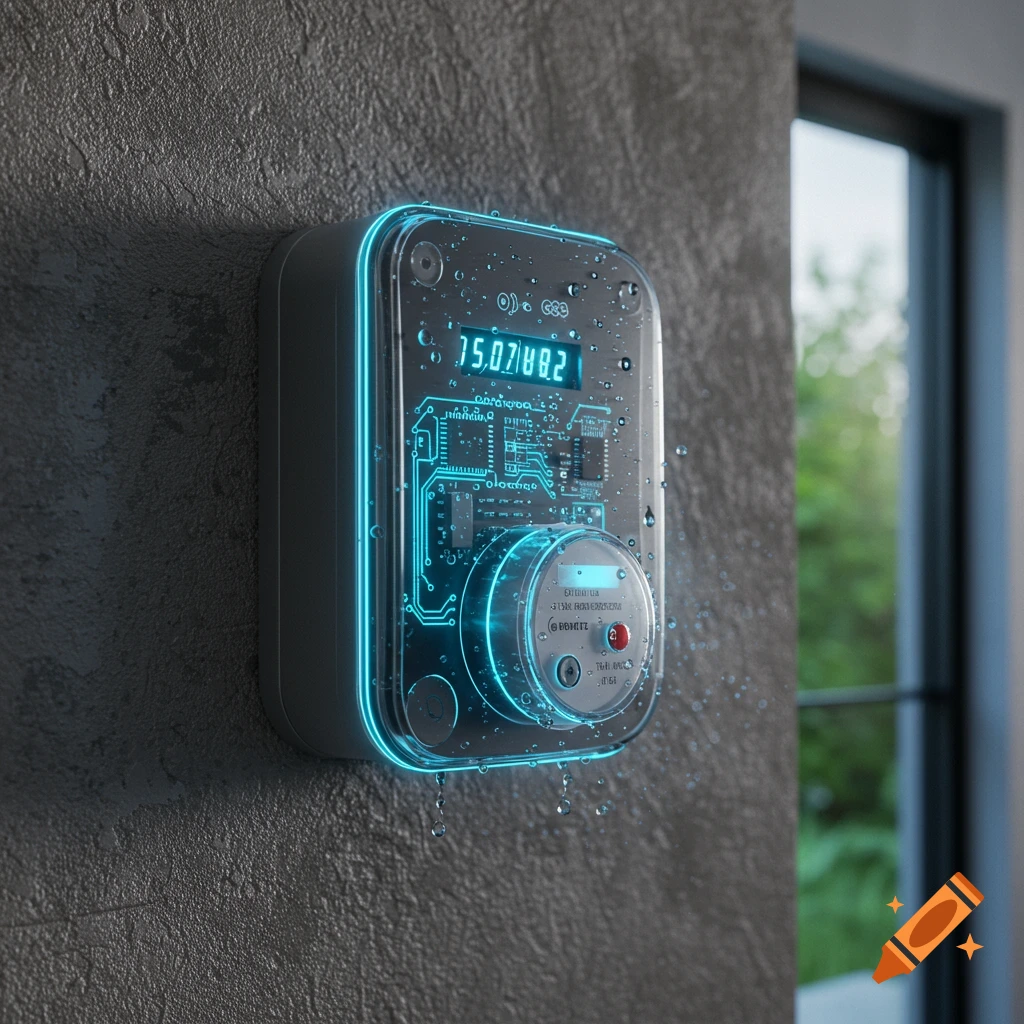 A futuristic smart water meter with neon blue circuit board elements and a digital display, covered in water droplets on a textured wall.