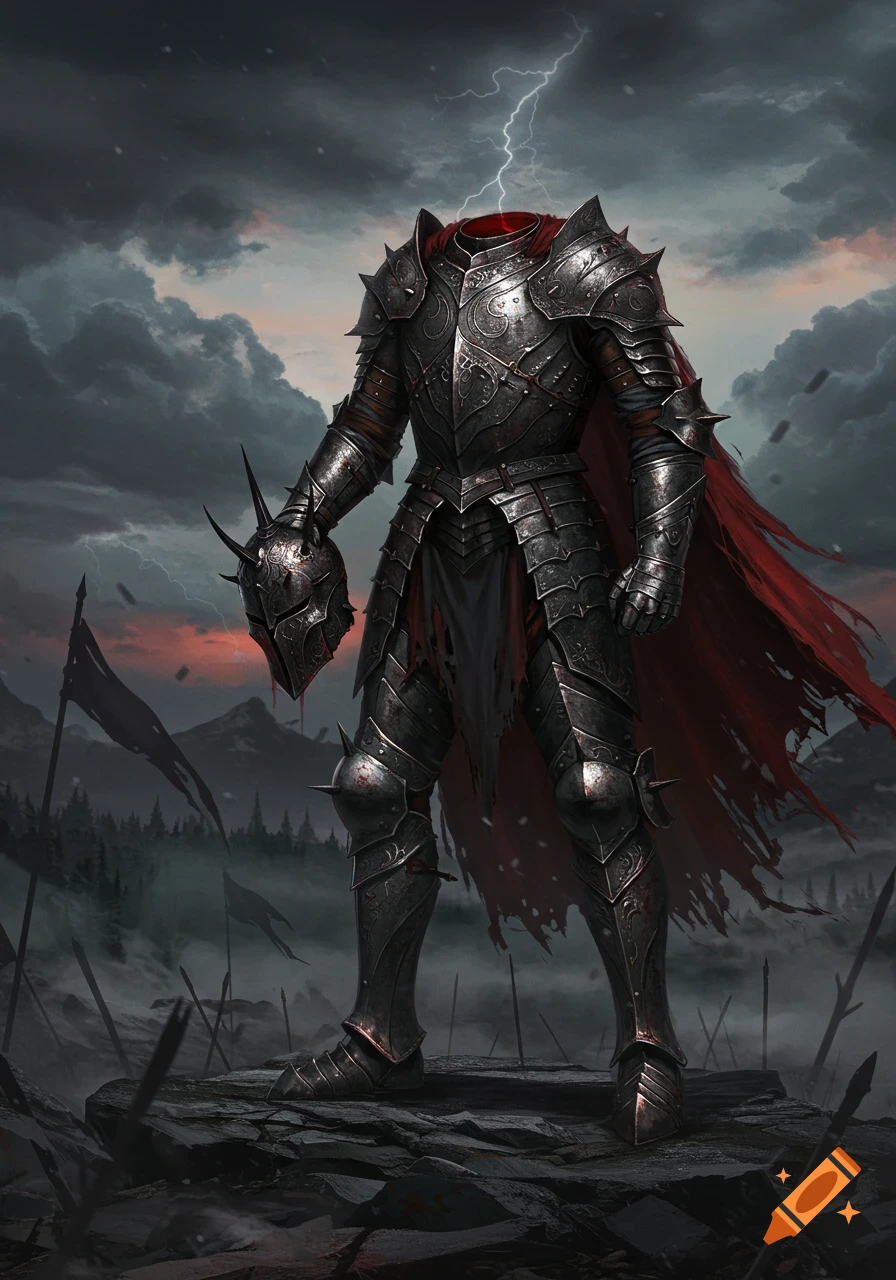 A headless dark knight in ornate, spiked armor with a tattered red cape stands on a rocky battlefield under a stormy sky with lightning.