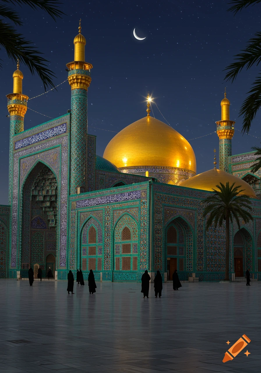 A grand mosque with golden domes, intricate turquoise tilework, and palm trees under a starry night sky with a crescent moon.